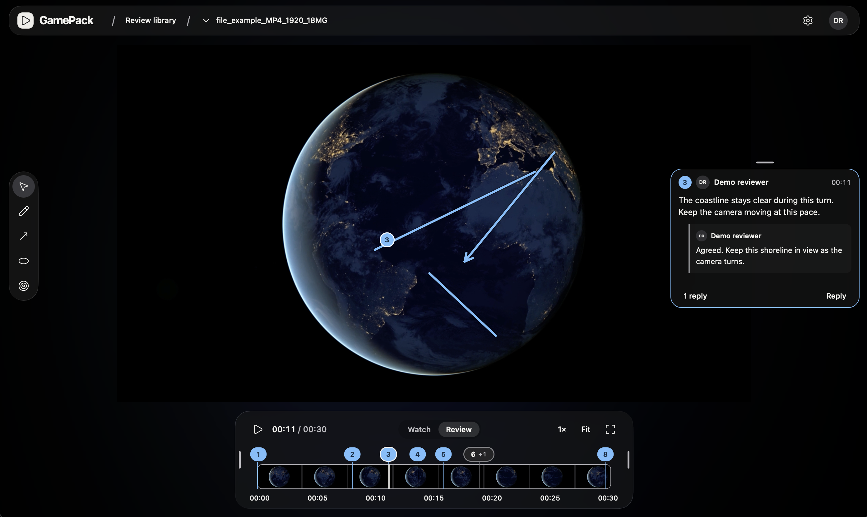 GamePack's native video review workspace with blue frame annotations, a comment and reply, and numbered timeline markers
