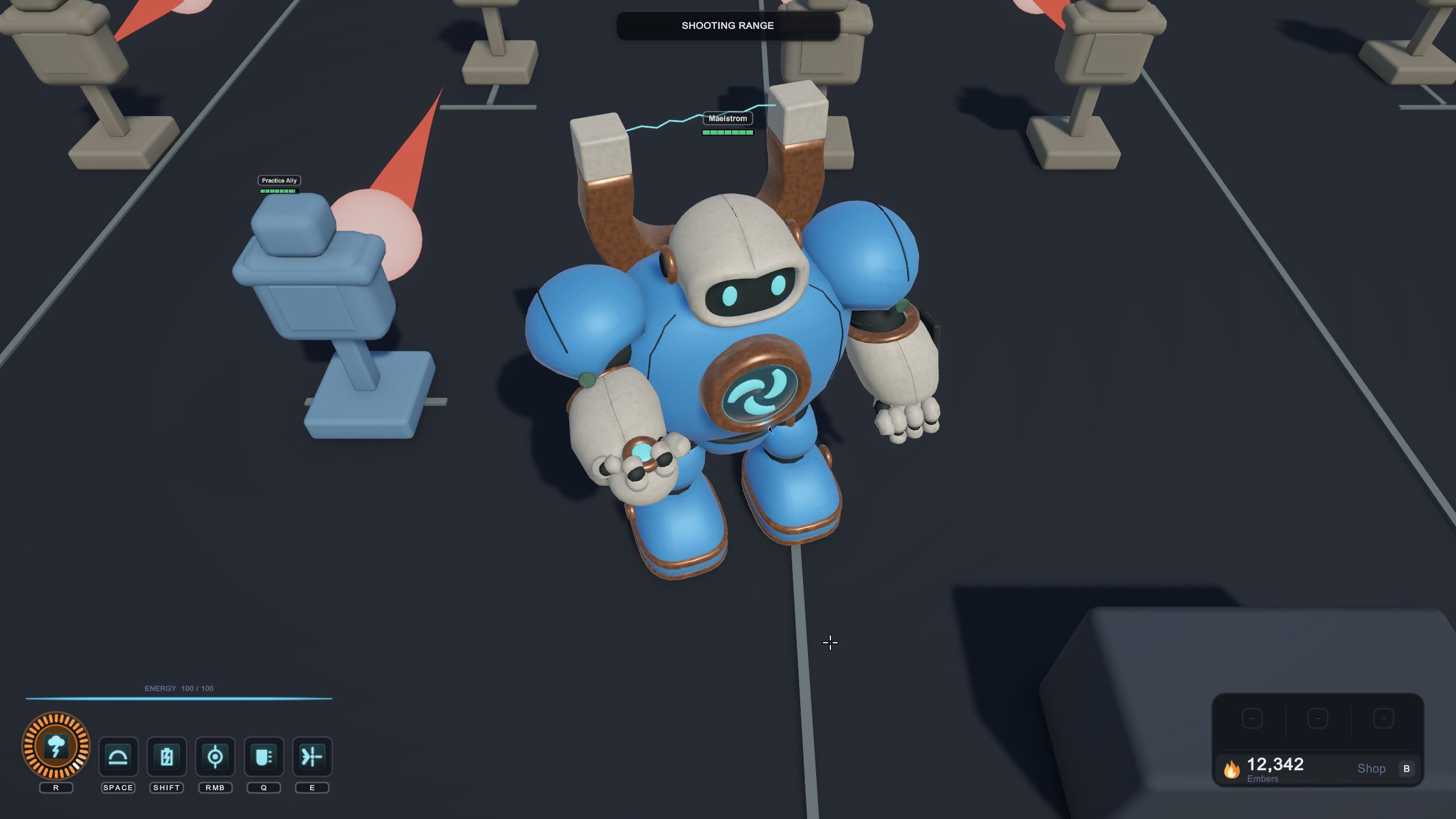 Maelstrom in Infernal's native shooting range, with character abilities and weapon interface
