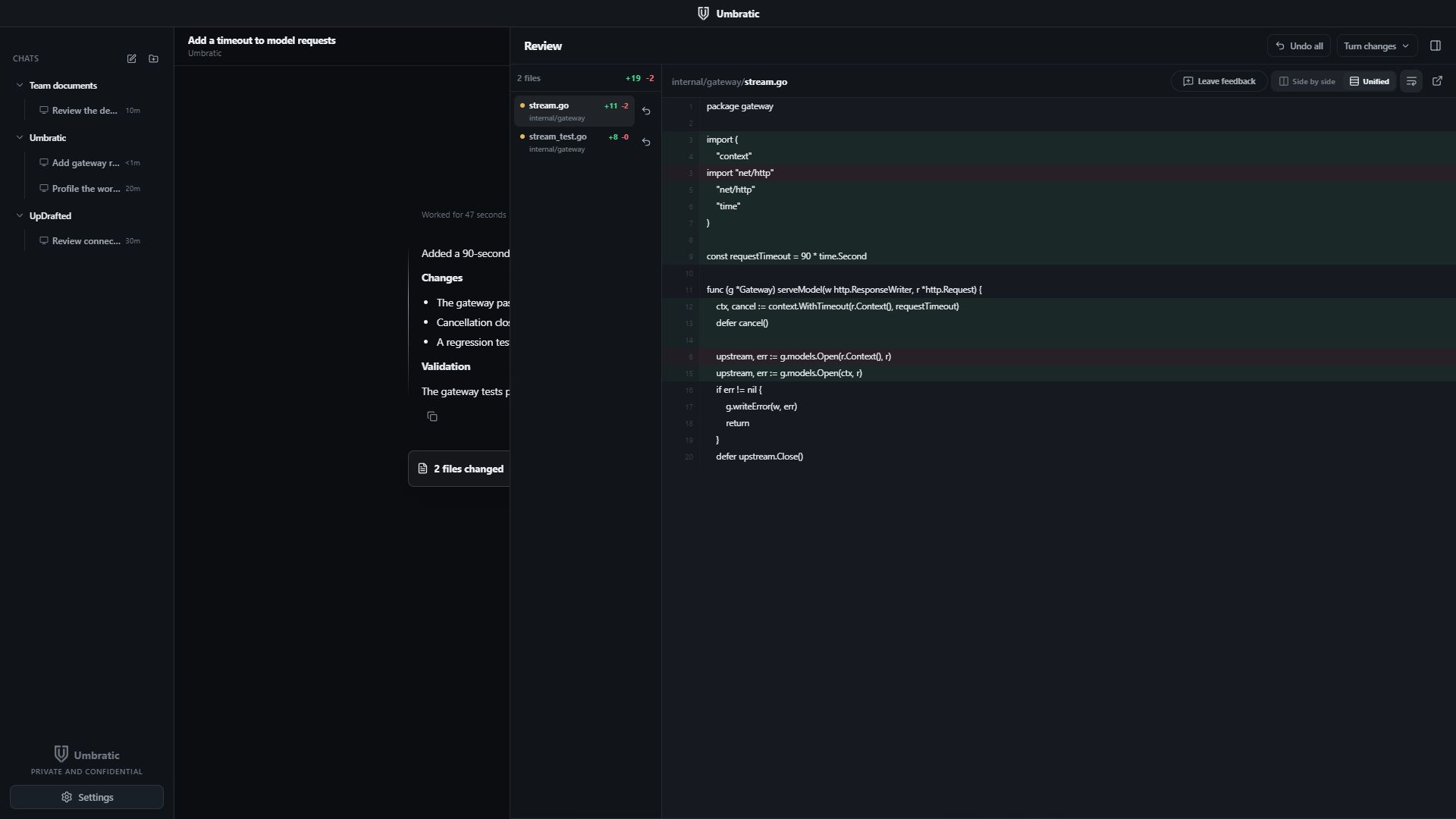 Umbratic's code review panel with a Go timeout change and added and removed lines