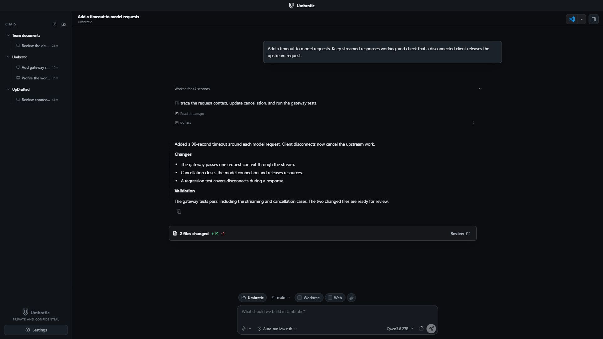 Umbratic's private AI workspace showing a request, tool activity, results, and files ready for review