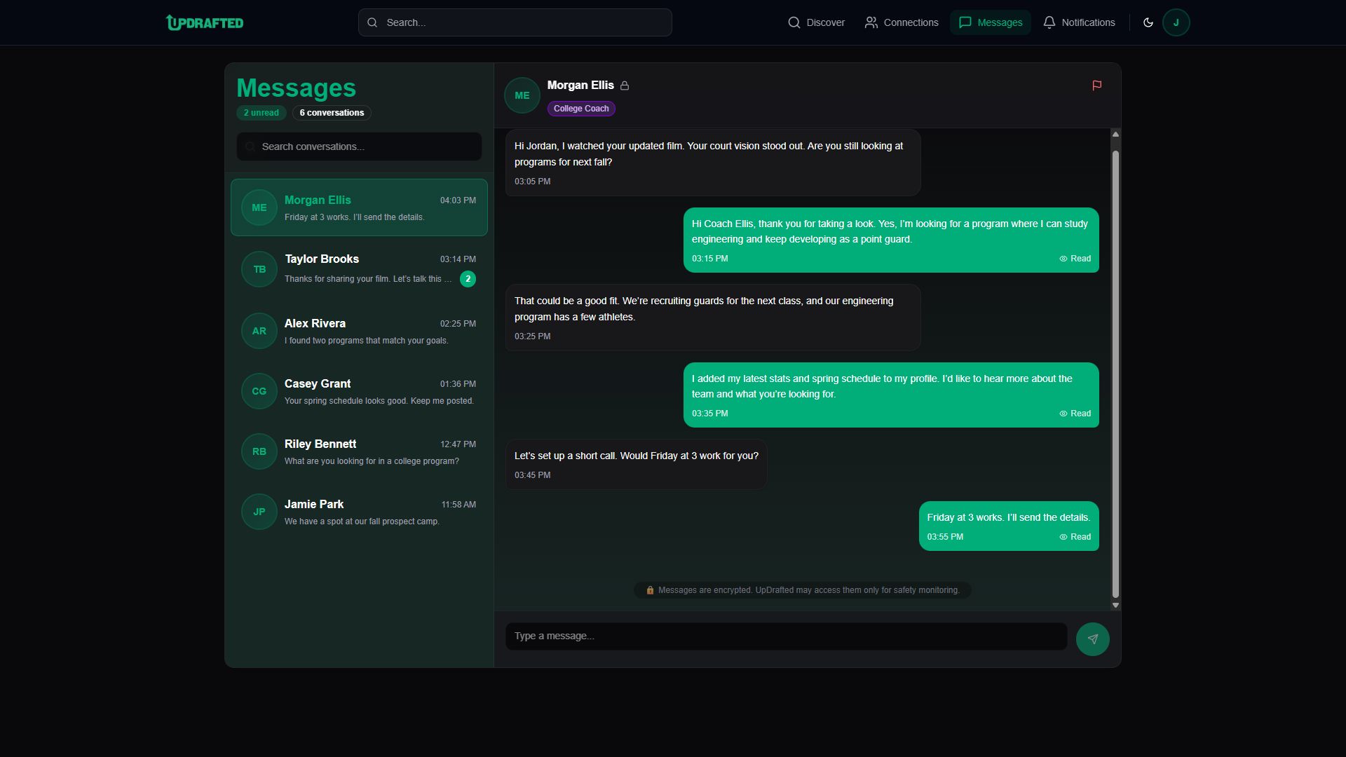 UpDrafted's recruiting app showing messages between fictional athletes and coaches